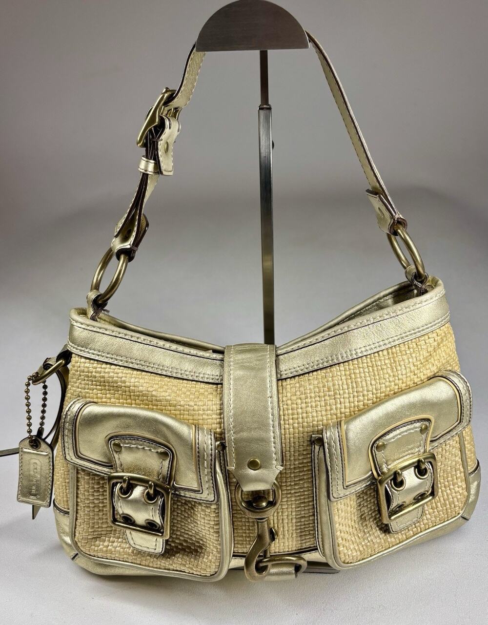 Coach VTG Legacy Straw Raffia Pocket Hobo Bag Gold Metallic Leather Y2K Rare